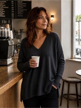 Snobby Sheep Cashmere Charcoal Grey V-Neck Sweater Size 40